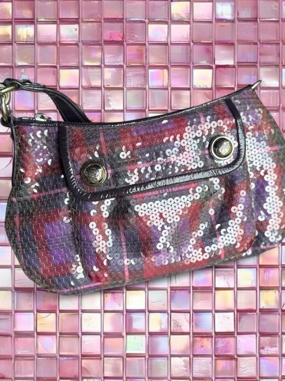 Coach Sequined Plaid Clutch in Pink, Purple and Red